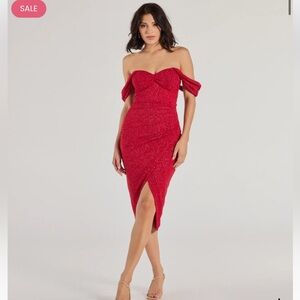 Windsor Elegant Glitter Knit Red Off-Shoulder Dress